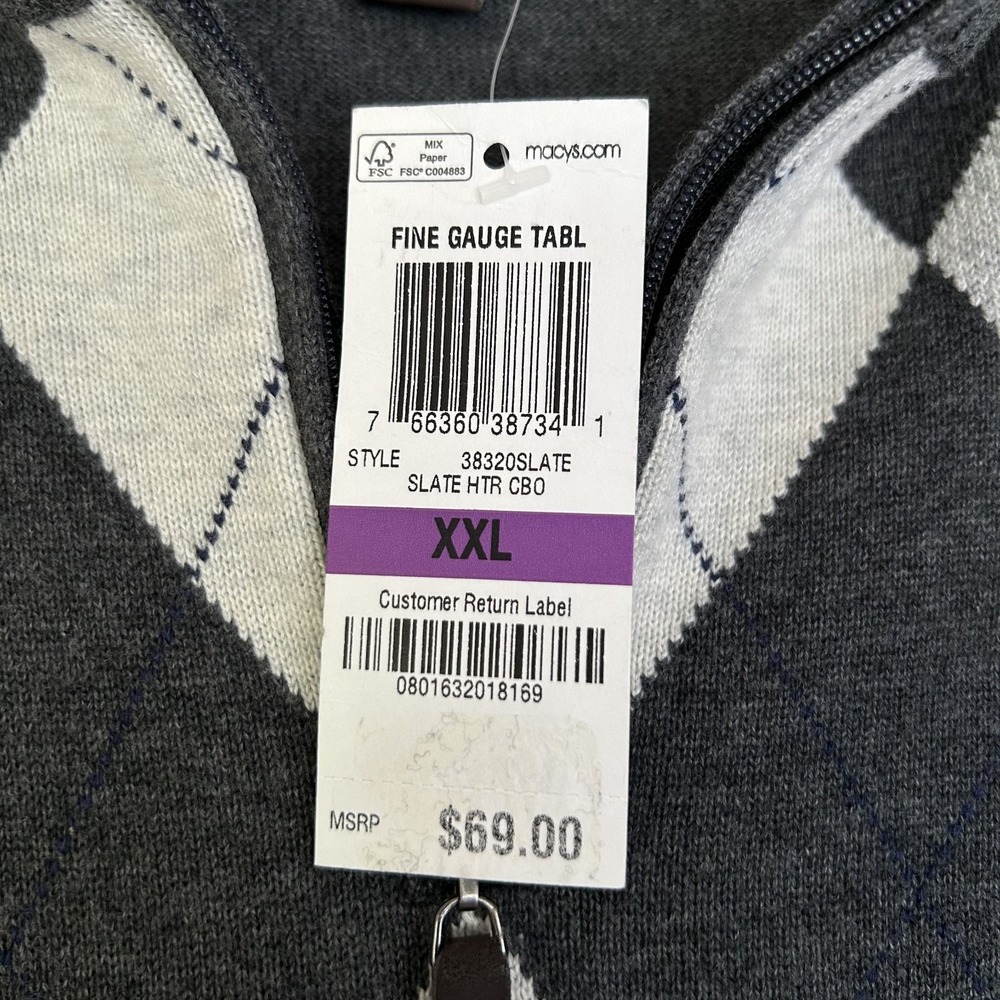 Tasso Elba Mens XXL Argyle Sweater Dark Gray LS Mock Neck 1/4 Zip Preppy Cotton - Picture 7 of 12
